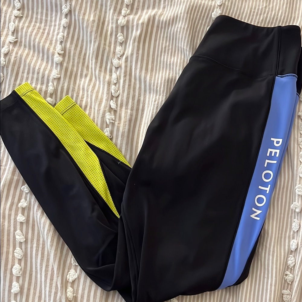 Peloton Black and Blue Leggings with Yellow Accent